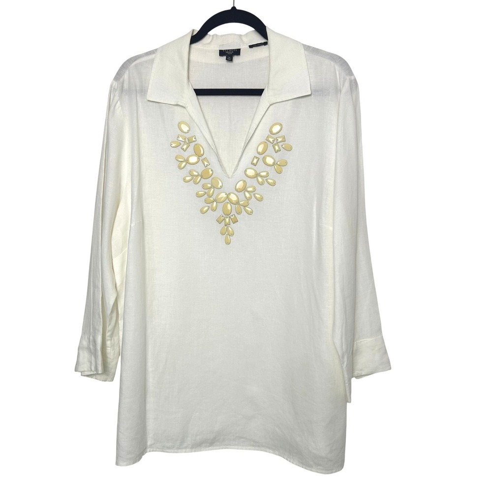 Talbots Tunic Top Women 1X White Pure Irish Linen Beaded 3/4‎ Sleeve Coastal